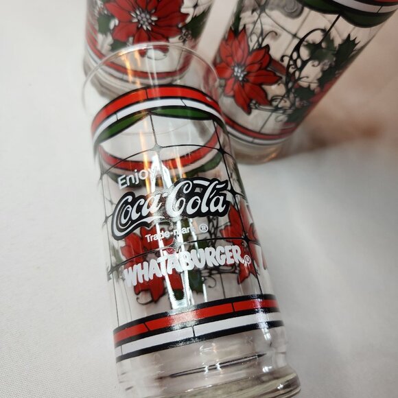 Vintage Coca-Cola & Whataburger Holiday Glasses Set Of 4 With Festive Poinsettia - Picture 3 of 3